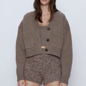 Zara cropped pocket knit cardigan sweater